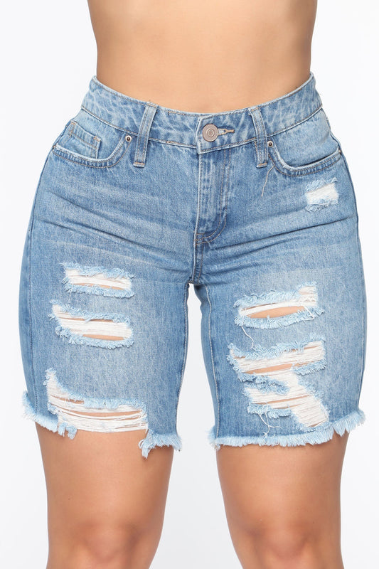 The Mixer Distressed Denim Bermudas - Medium Blue Wash