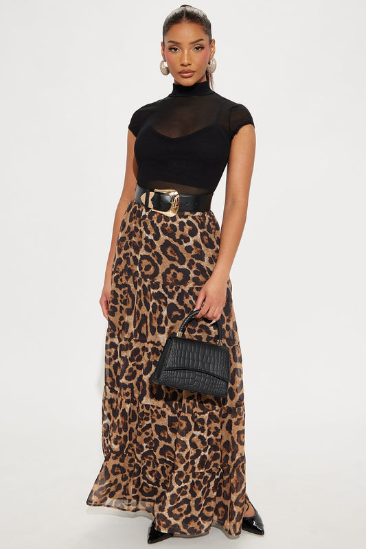 Simona Leopard Tiered Maxi Skirt - Brown/combo