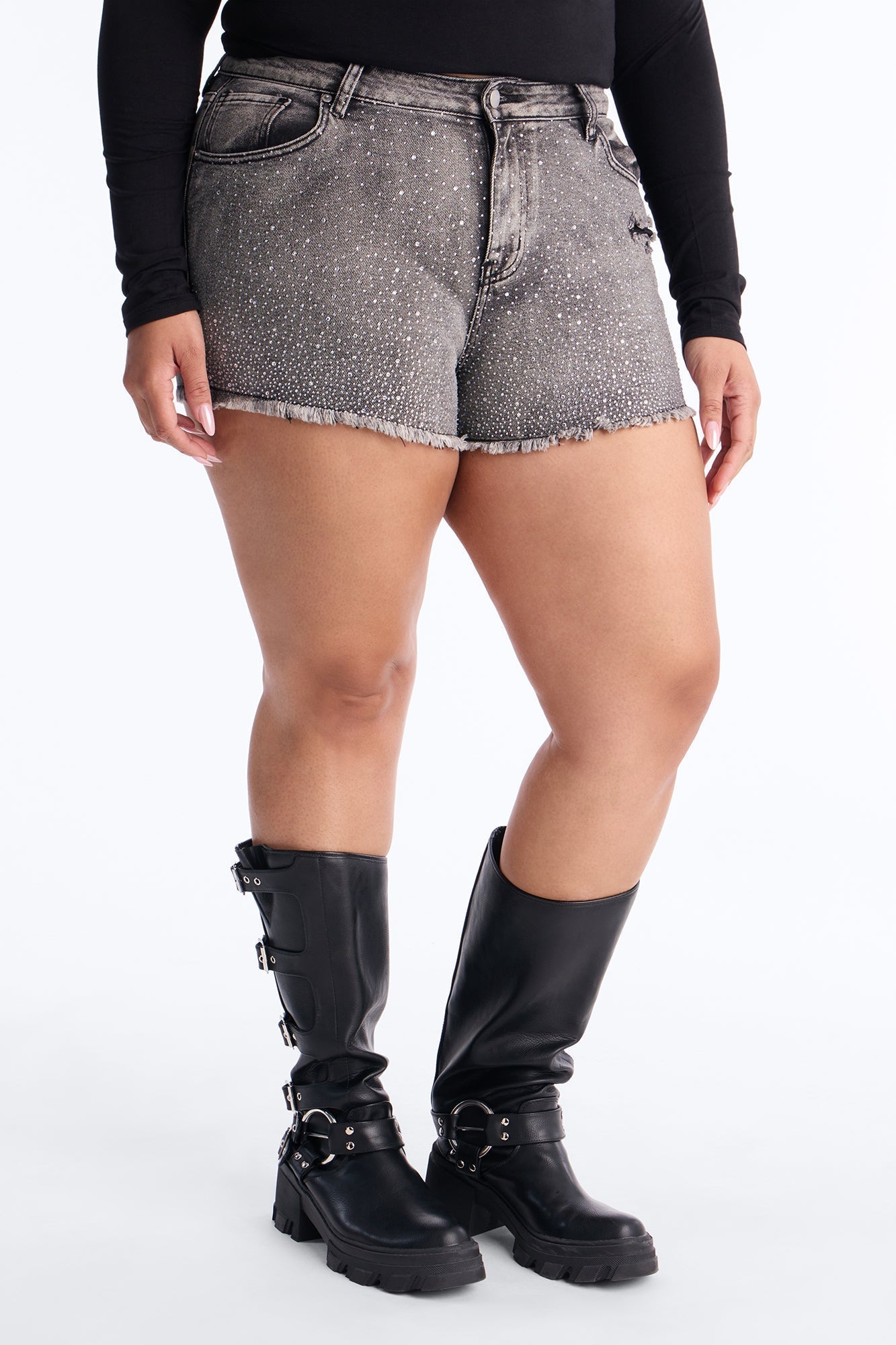 Shine Bright Embellished Stretch Denim Shorts - Grey
