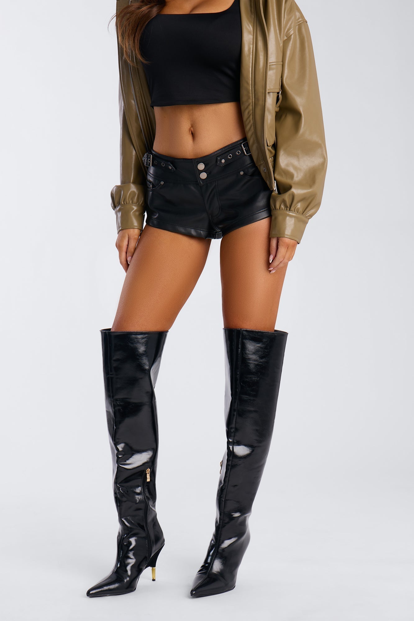 Hard To Forget Belted Low Rise Faux Leather Micro Short - Black