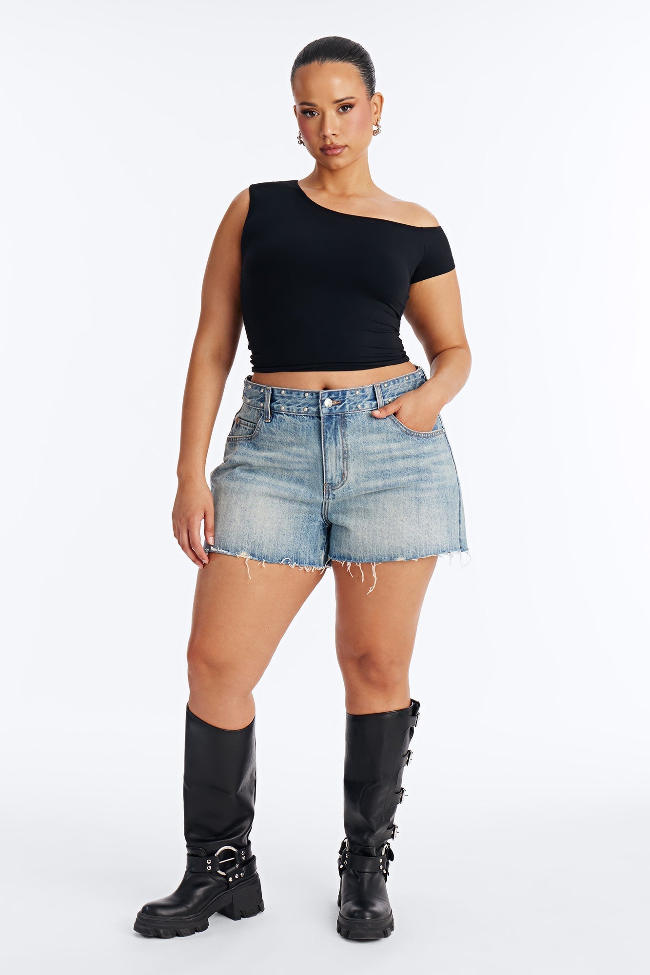 All Around Studded Cut Off Denim Shorts - Medium Wash