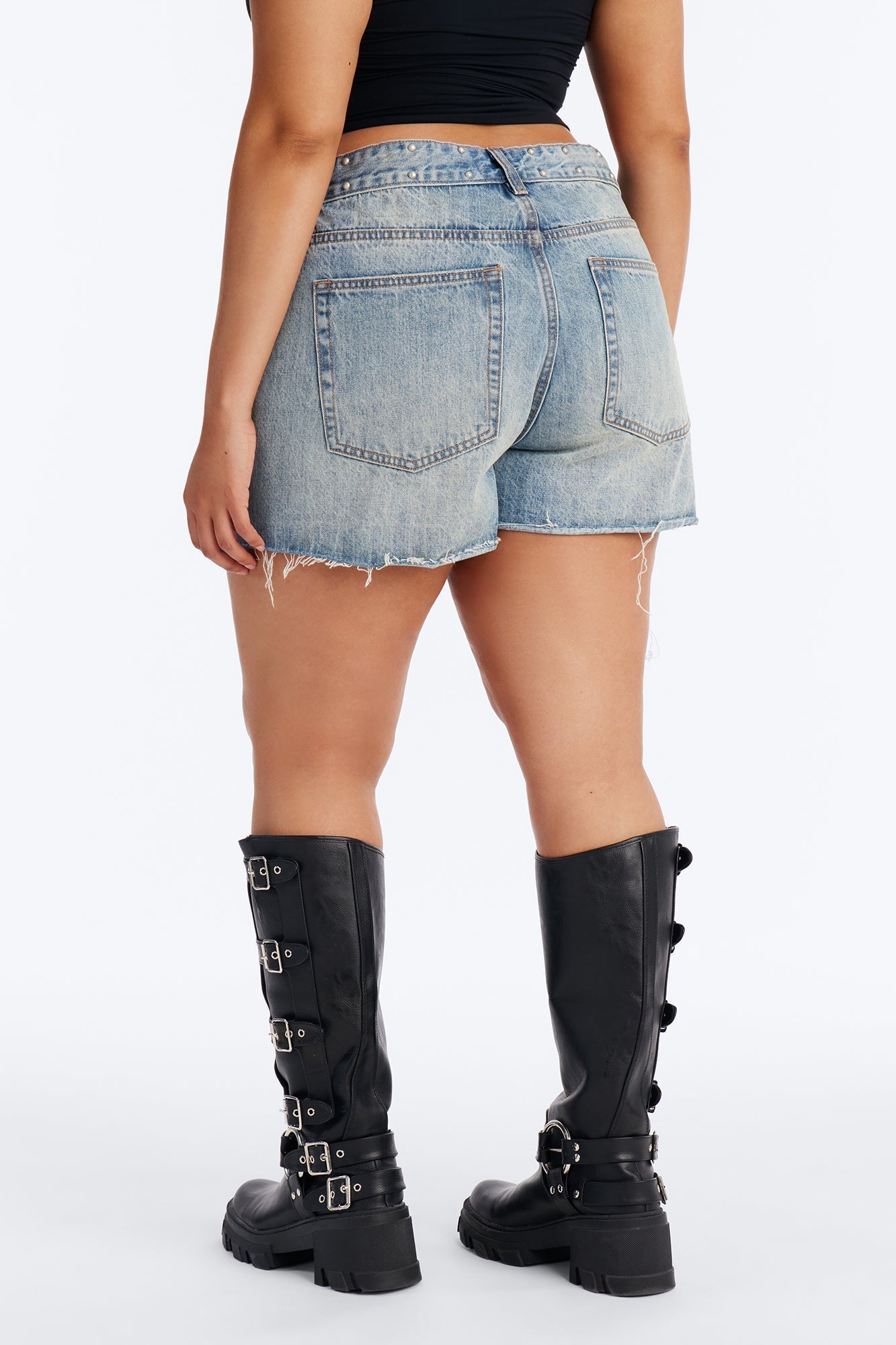 All Around Studded Cut Off Denim Shorts - Medium Wash