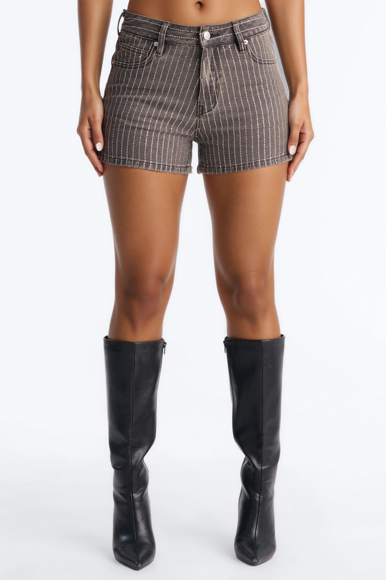 Down The Line Embellished Denim Shorts - Grey