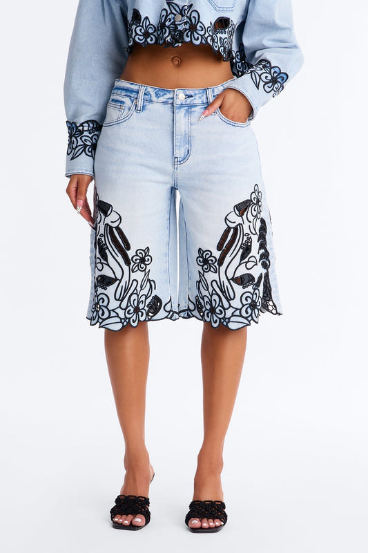 Madeira Embroidered Denim Shorts - Light Wash