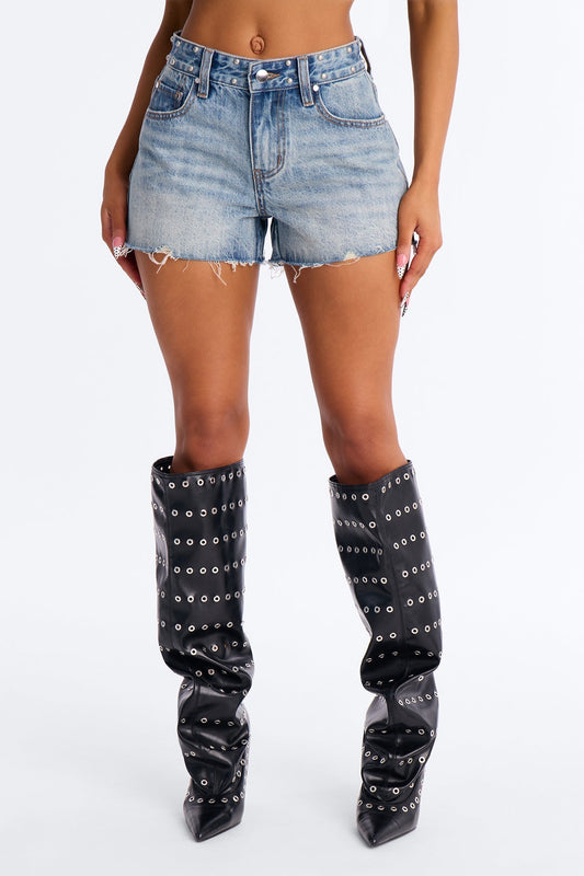 All Around Studded Cut Off Denim Shorts - Medium Wash