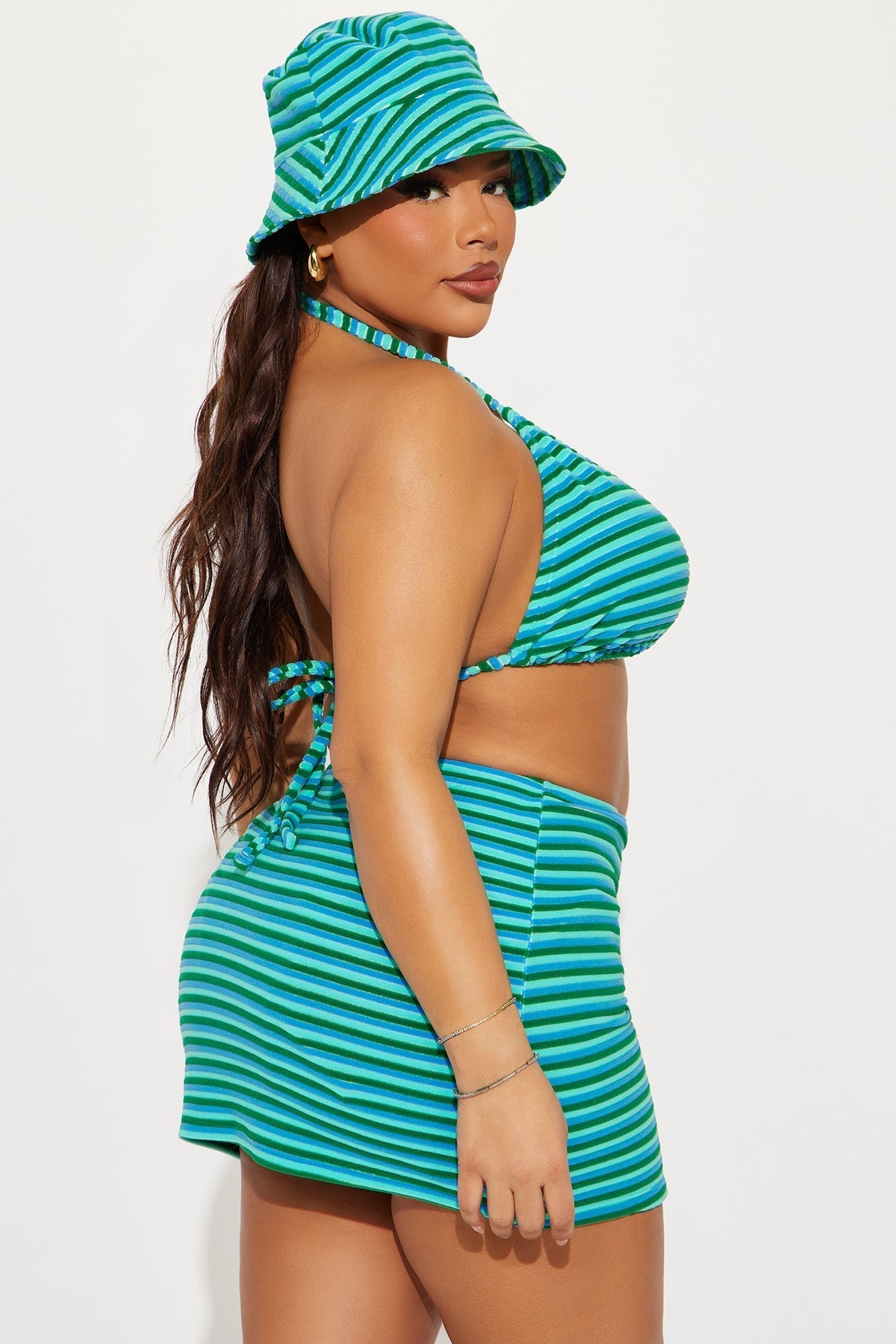 Joanna Stripe Terry Bucket Hat & Skirt 4 Piece Bikini Set - Blue/combo