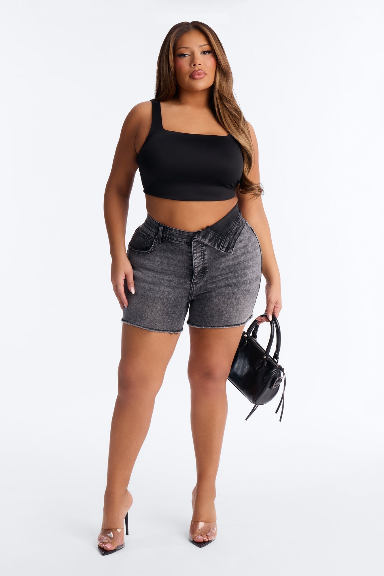 Yulia Foldover Waistband Stretch Denim Shorts - Black Wash