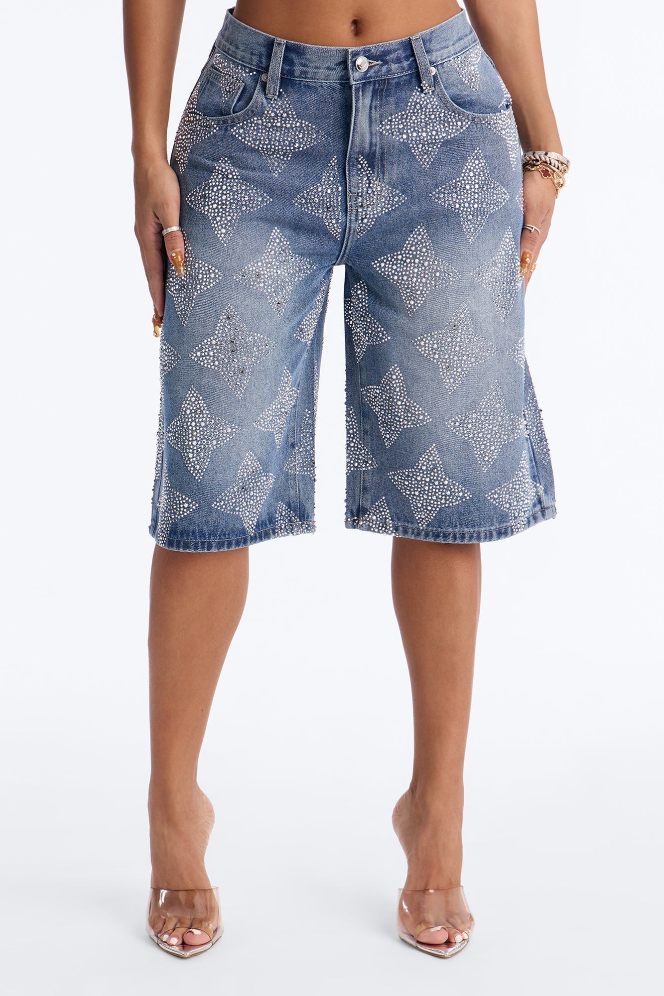 Diamond Cut Embellished Denim Jorts - Medium Wash