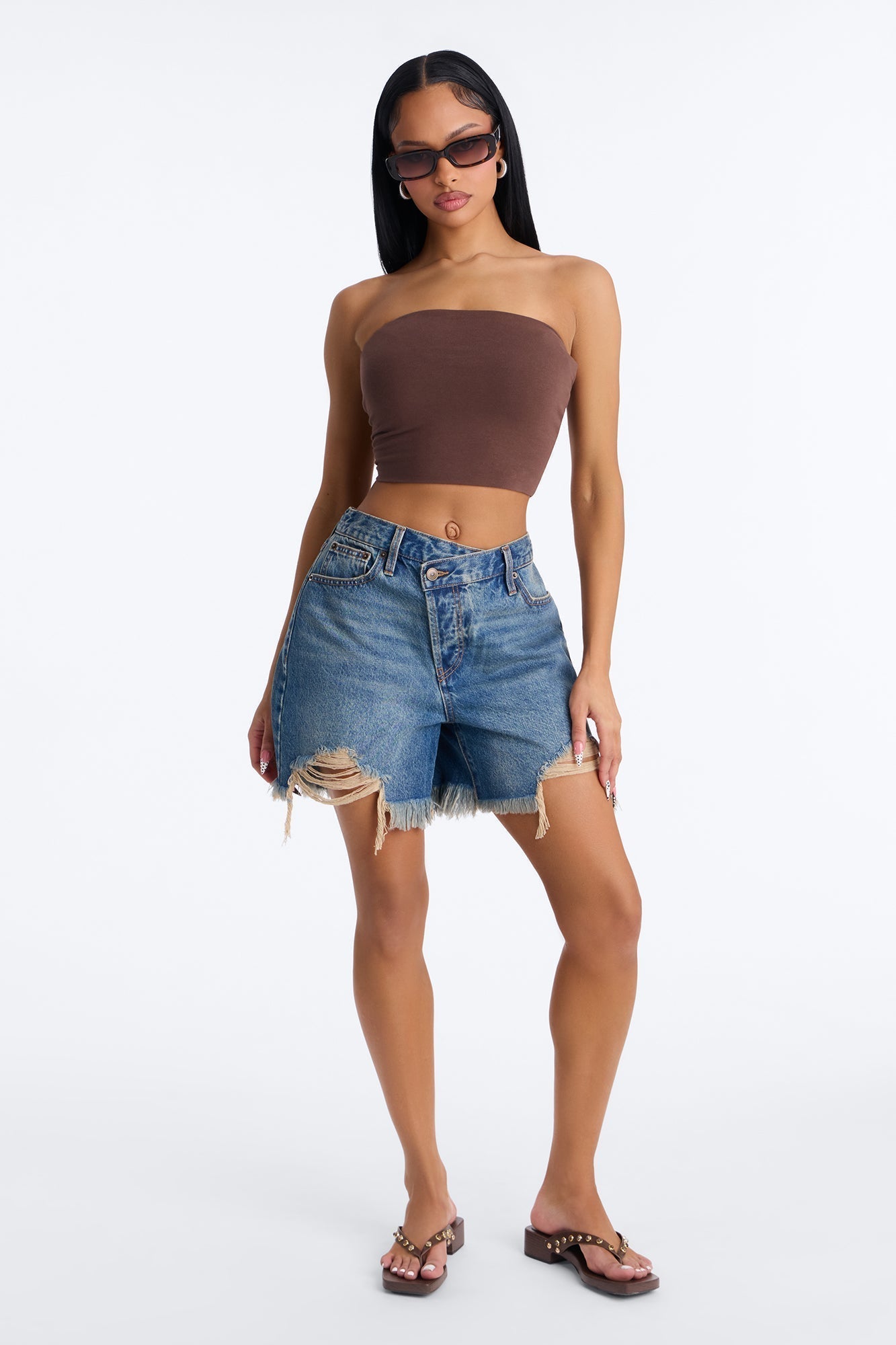 At A Glance Crossover Denim Shorts - Vintage Wash