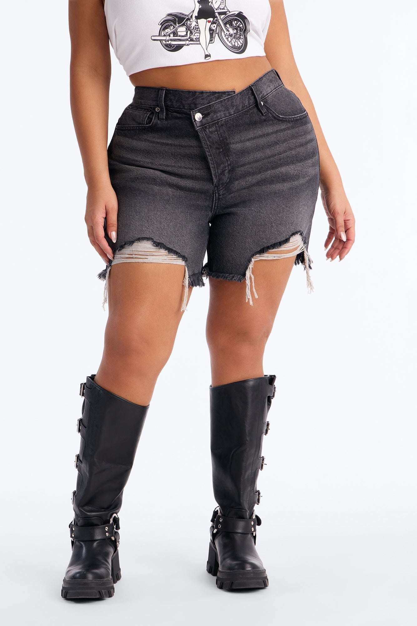 At A Glance Crossover Denim Shorts - Black Wash