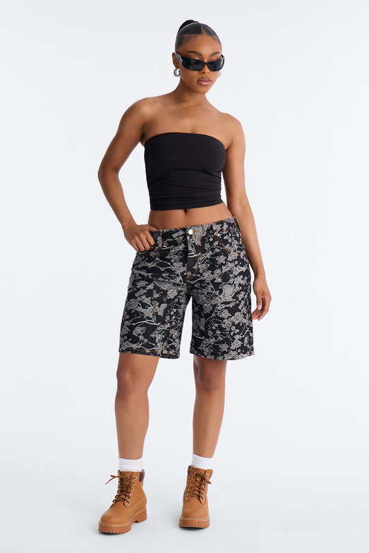 Tokyo Blossom Patterned Denim Shorts - Dark Denim