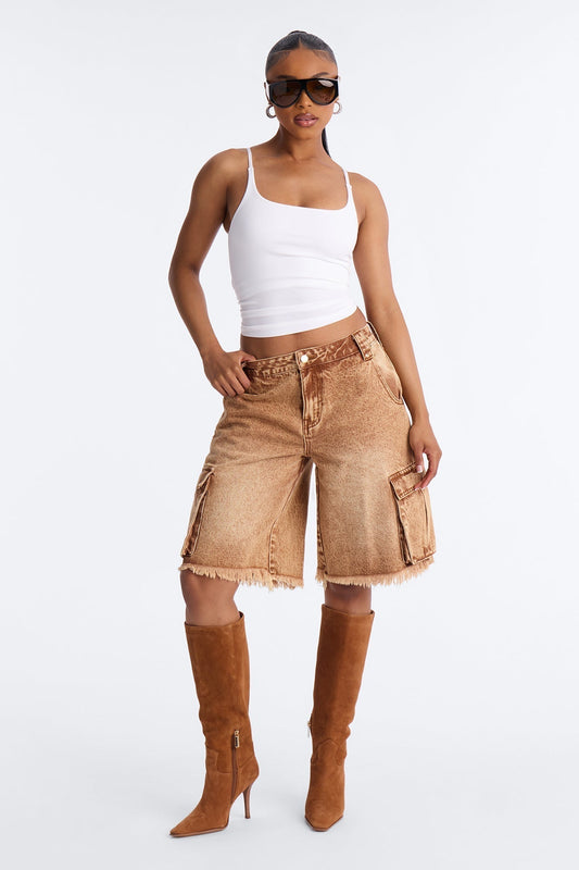 Austin Mid Rise Cargo Denim Jorts - Brown