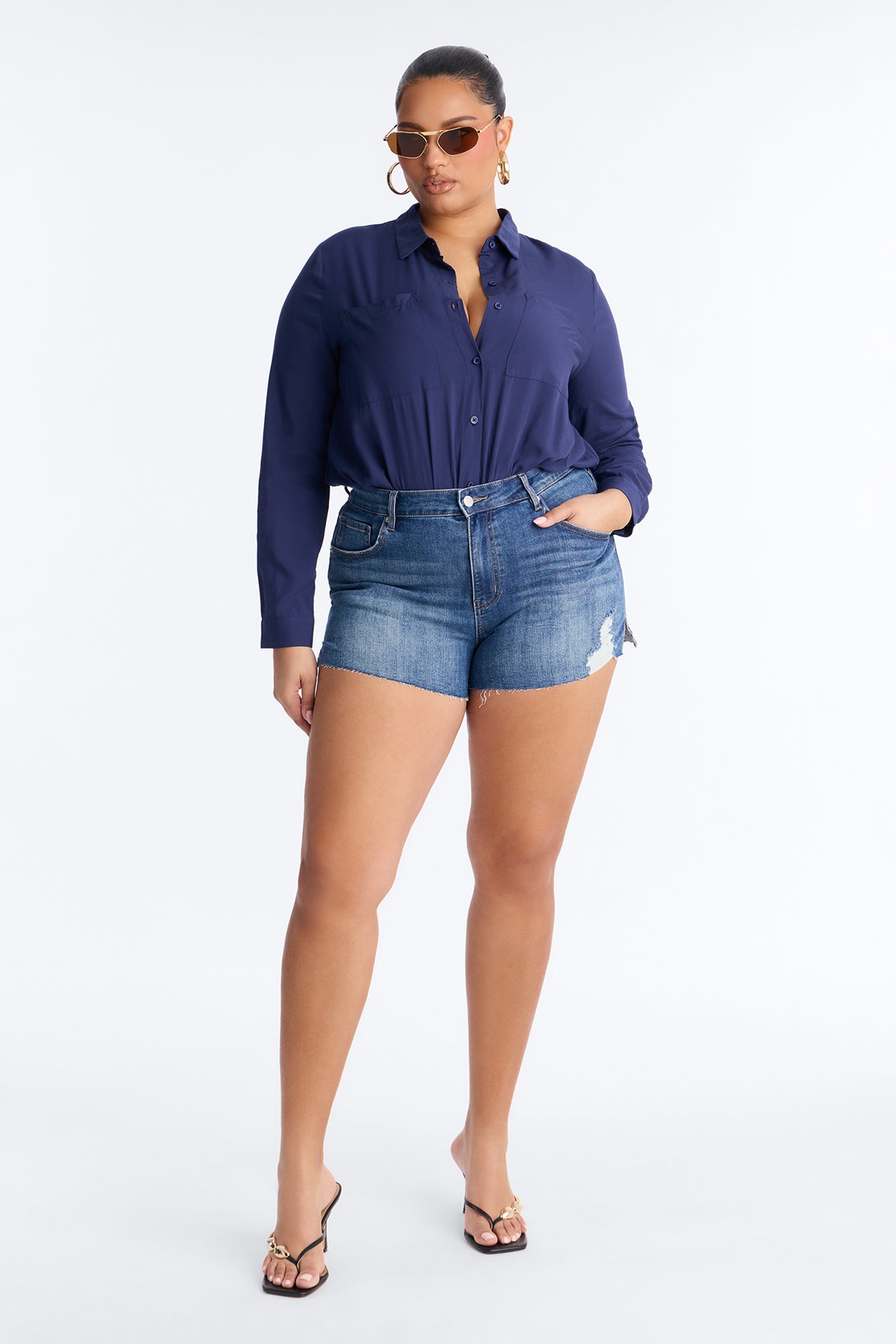 Common Decency Stretch Denim Cut Off Shorts - Medium Wash