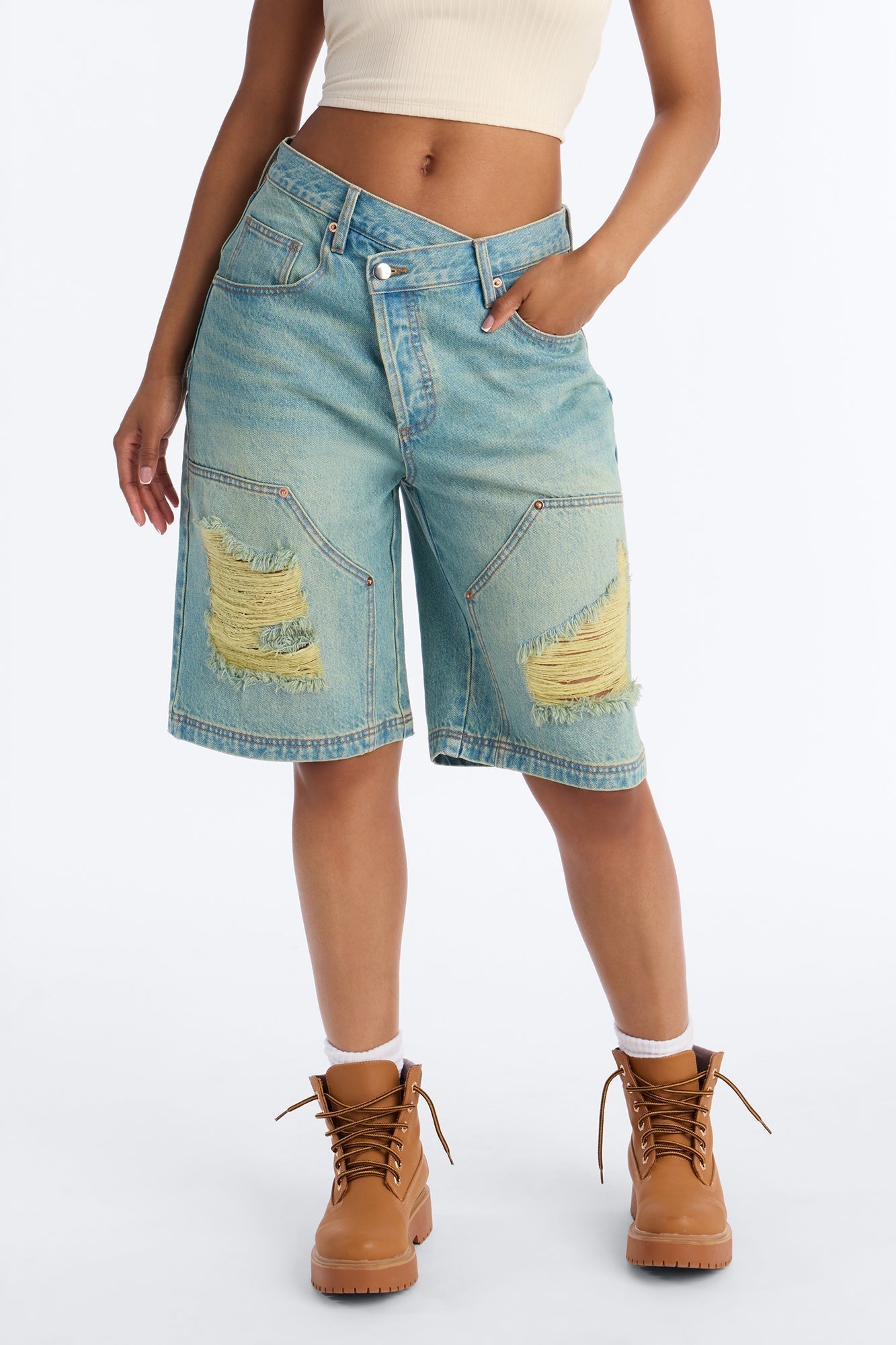 Elsie Crossover Denim Jorts - Light Wash