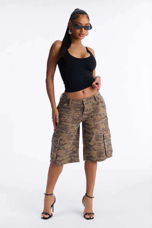 Declassified Camo Cargo Baggy Denim Jorts - Brown Combo