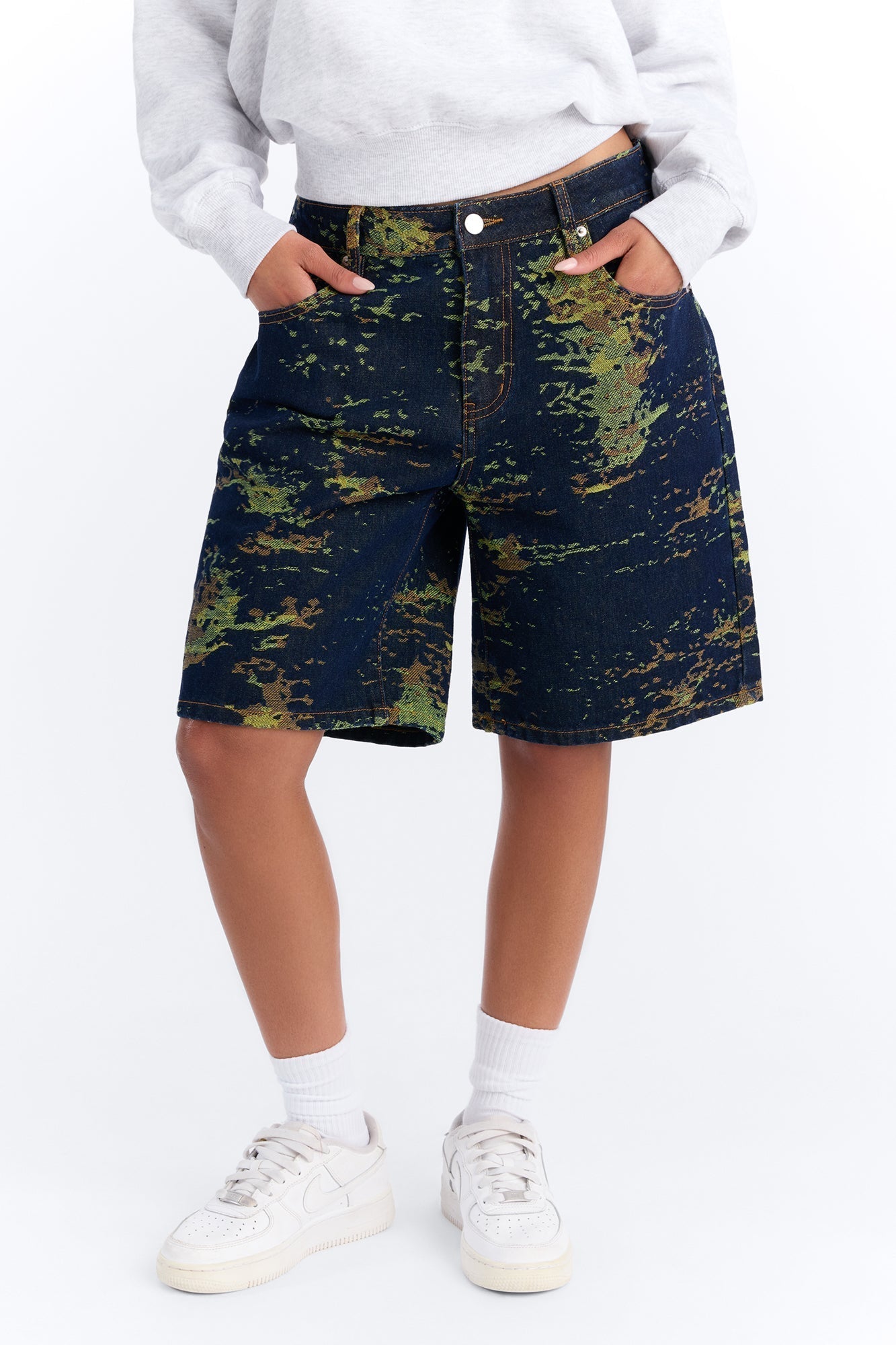Go Somewhere Patterned Denim Shorts - Dark Denim