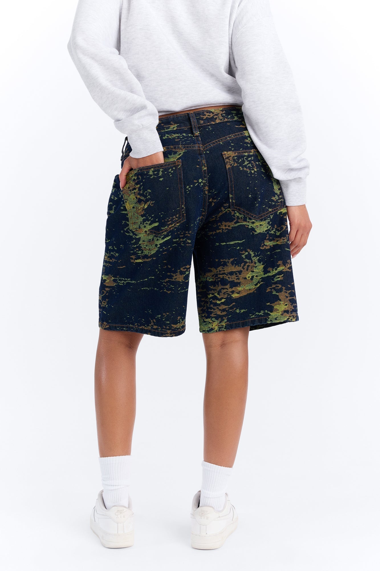 Go Somewhere Patterned Denim Shorts - Dark Denim