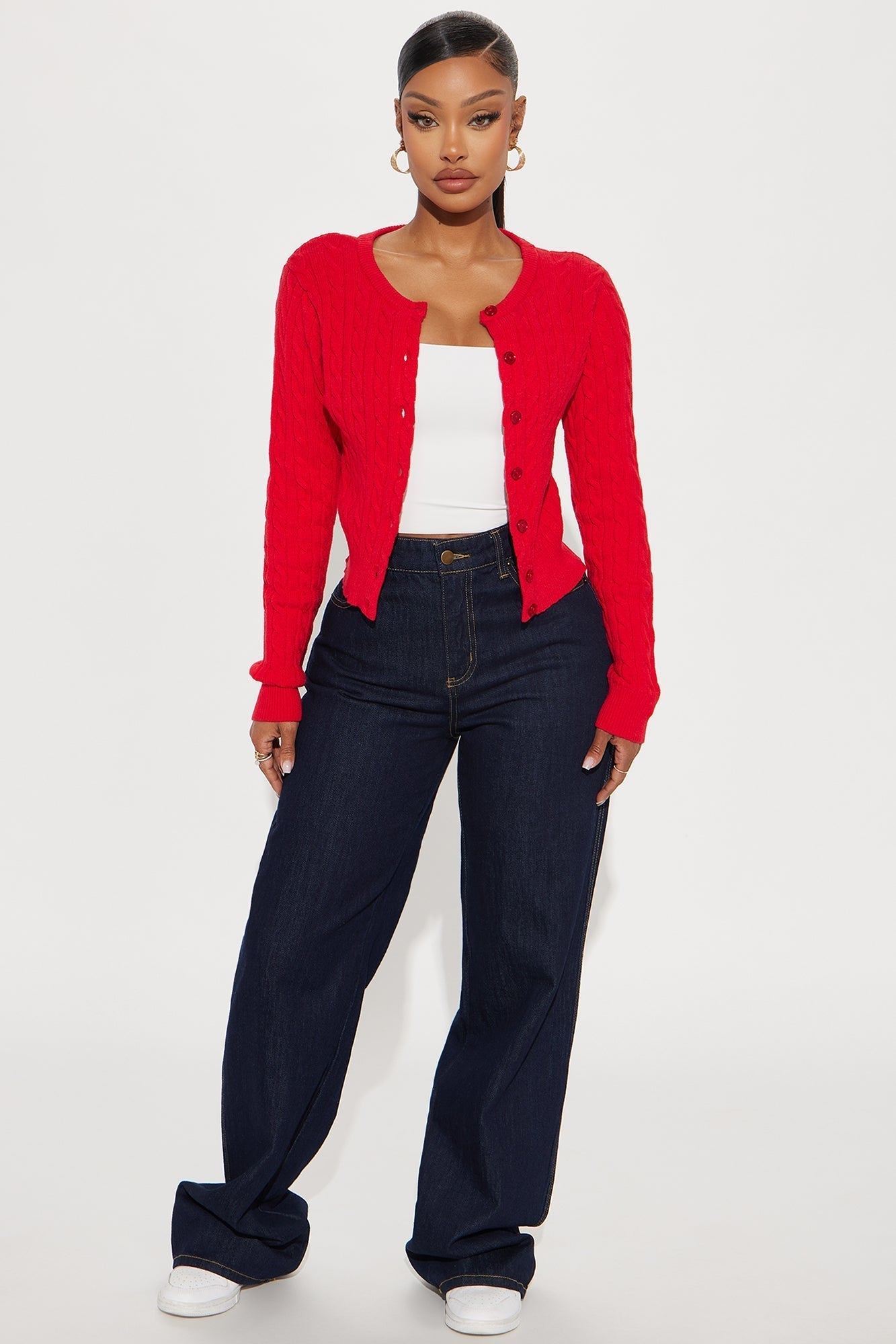 Elowen Cable Knit Cardigan - Red