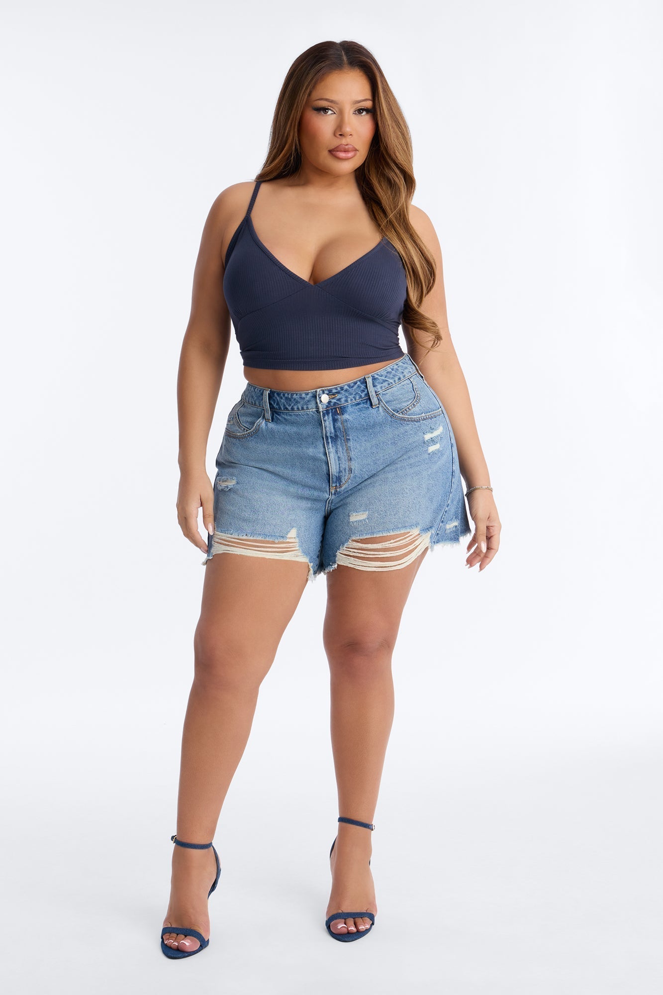 Cant Resist Ripped Denim Shorts - Vintage Blue Wash