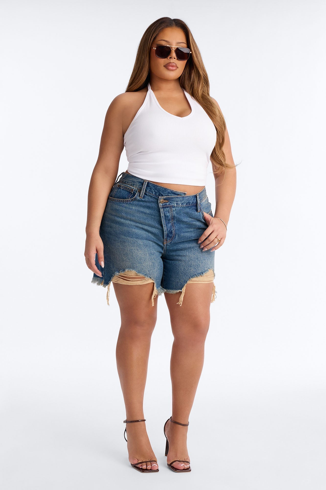 At A Glance Crossover Denim Shorts - Vintage Wash