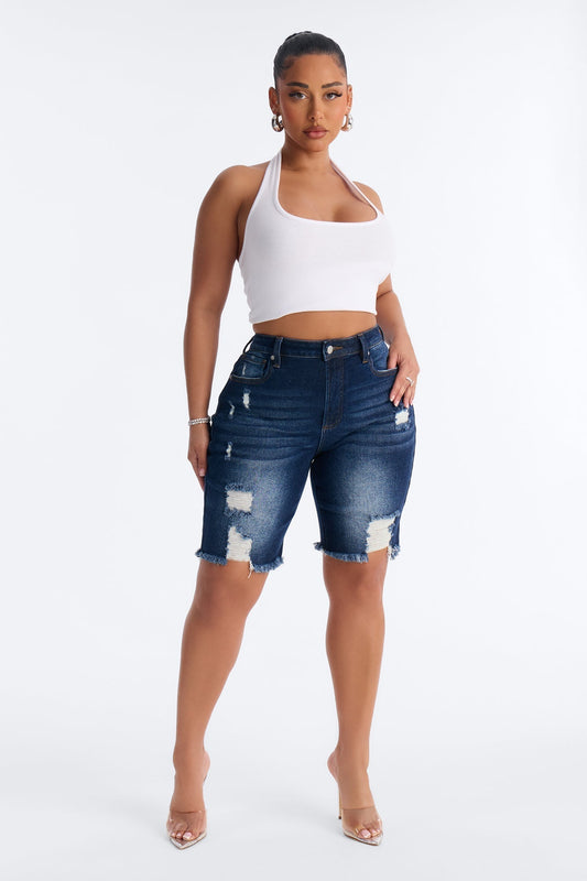 Came To Win Stretch Denim Bermuda Shorts - Dark Wash