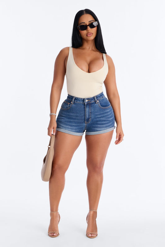 Rockaway Rolled Cuff Stretch Denim Shorts - Medium Wash
