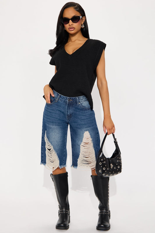 Laurali Ripped Denim Jorts - Dark Wash