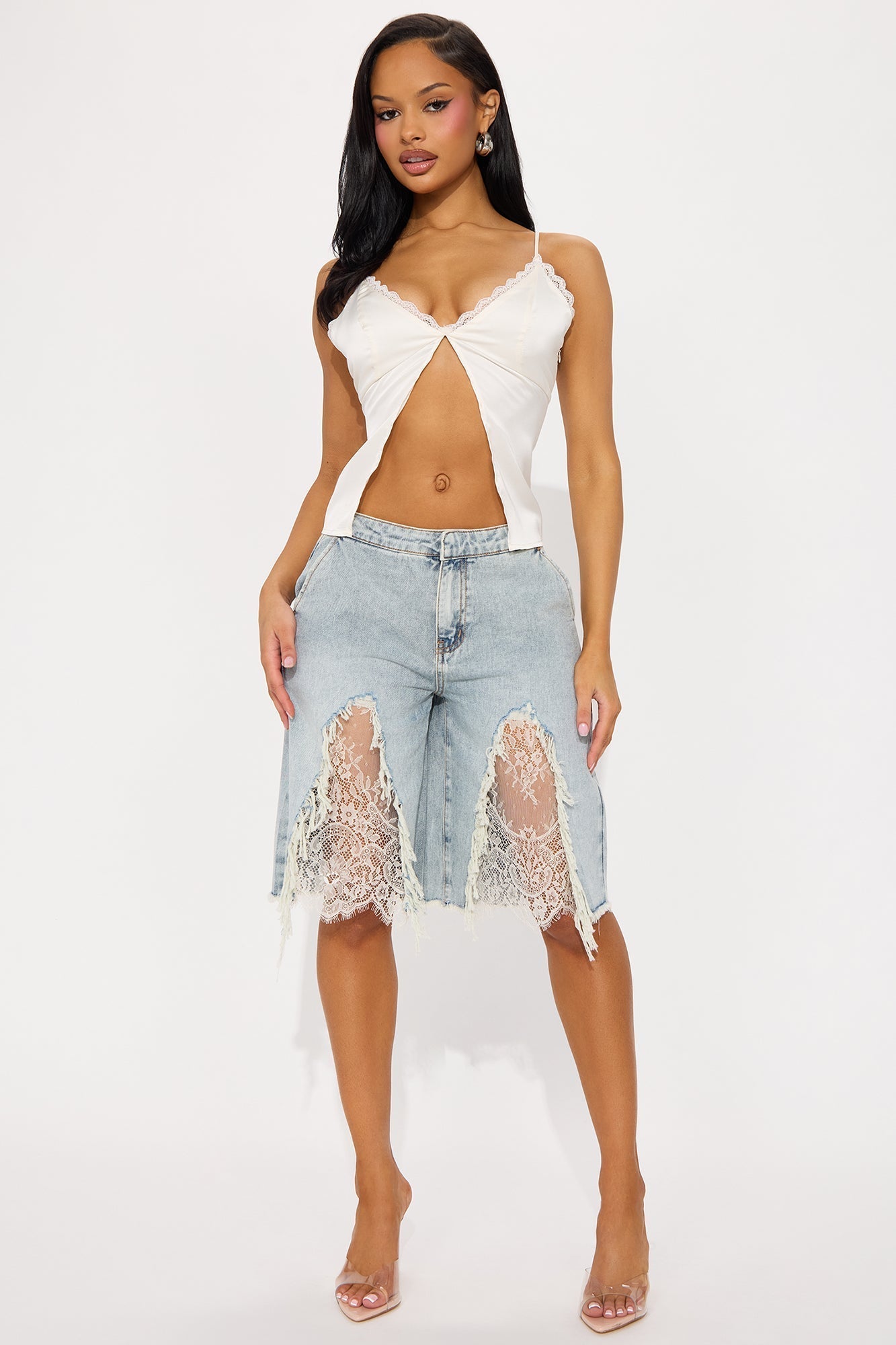 The Way It Goes Lace Detail Denim Jorts - Light Wash