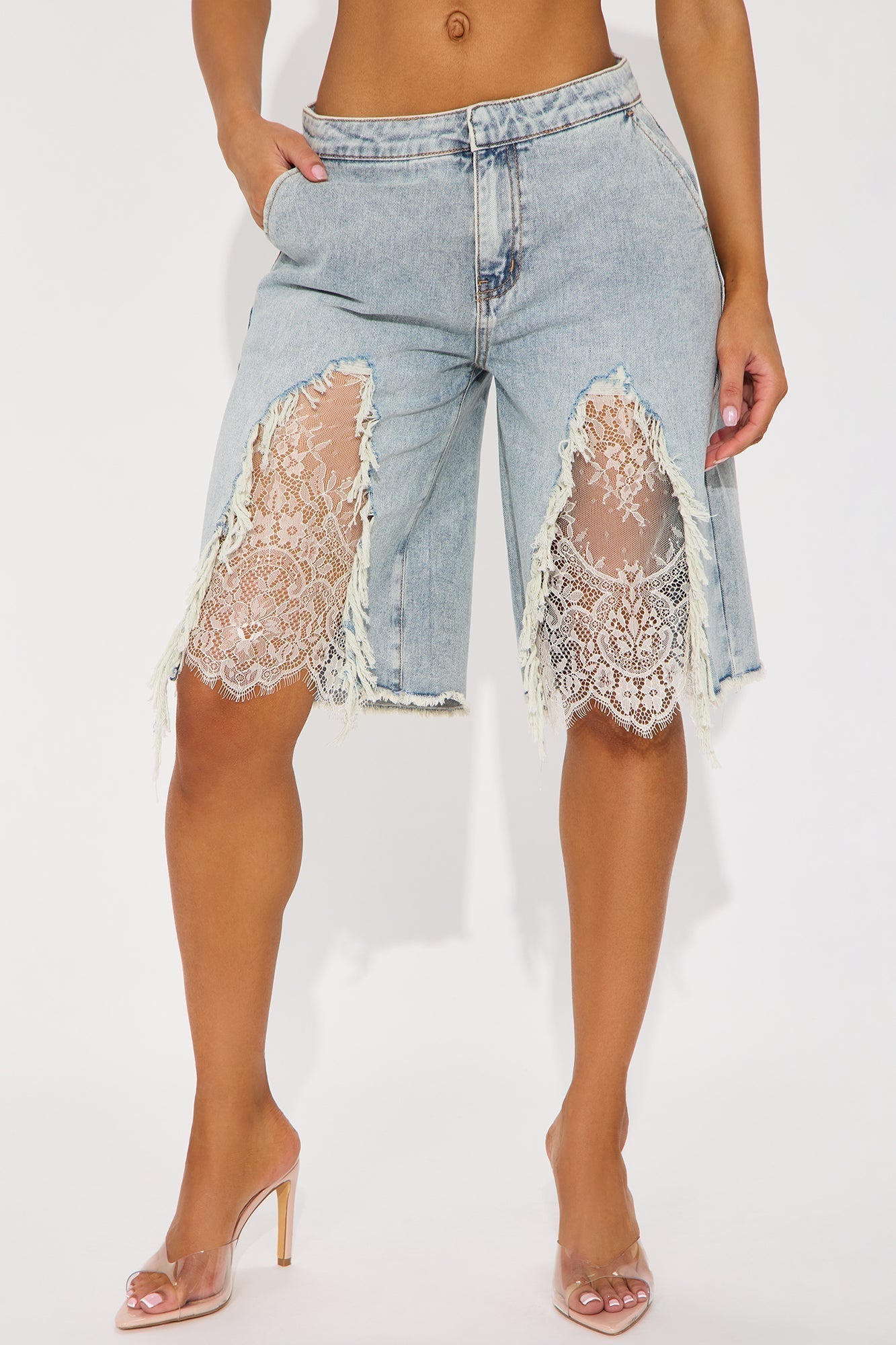 The Way It Goes Lace Detail Denim Jorts - Light Wash