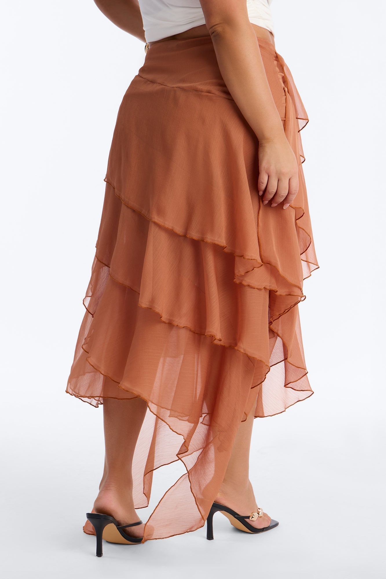Eliza Asymmetrical Tiered Ruffle Midi Skirt - Cognac