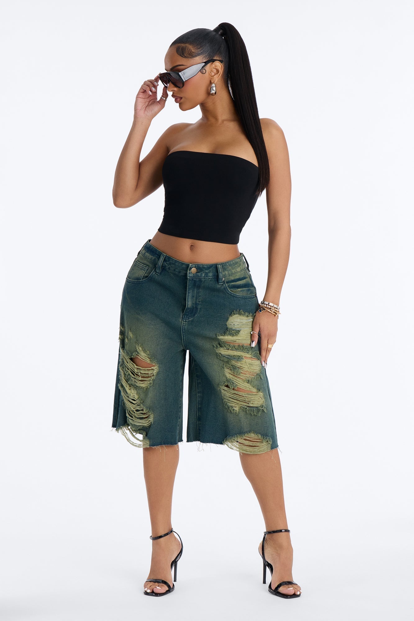 Watch Me Go Ripped Denim Shorts - Military Green