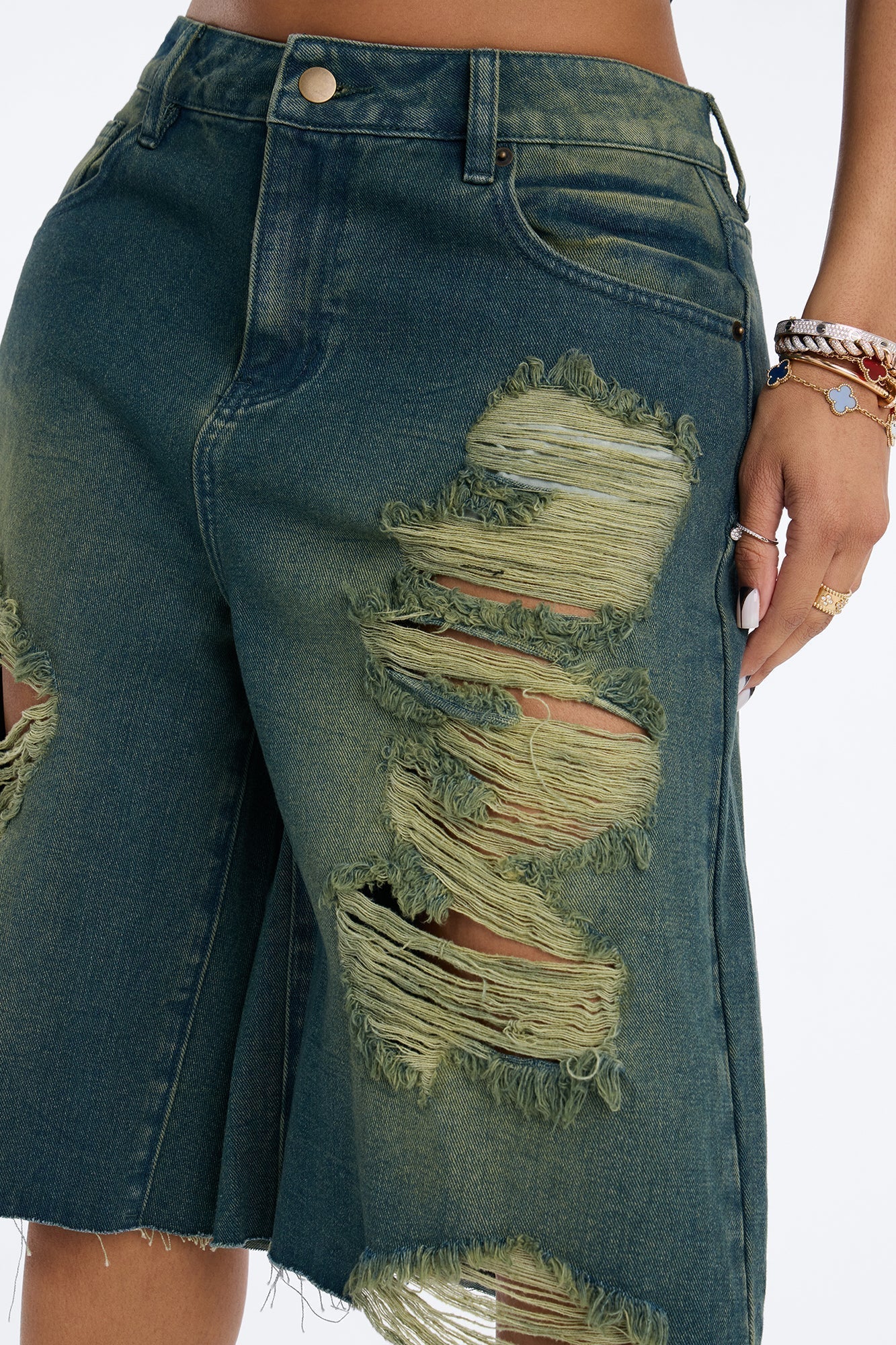 Watch Me Go Ripped Denim Shorts - Military Green