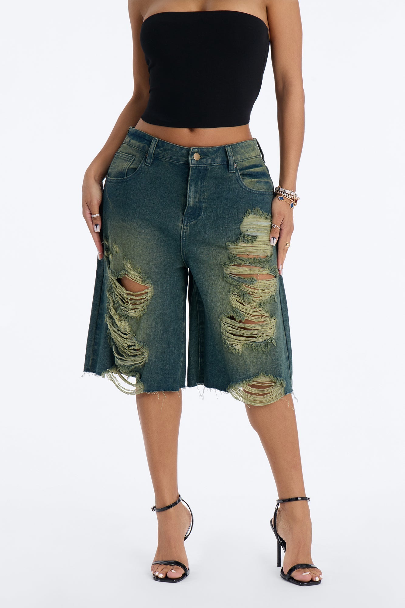Watch Me Go Ripped Denim Shorts - Military Green