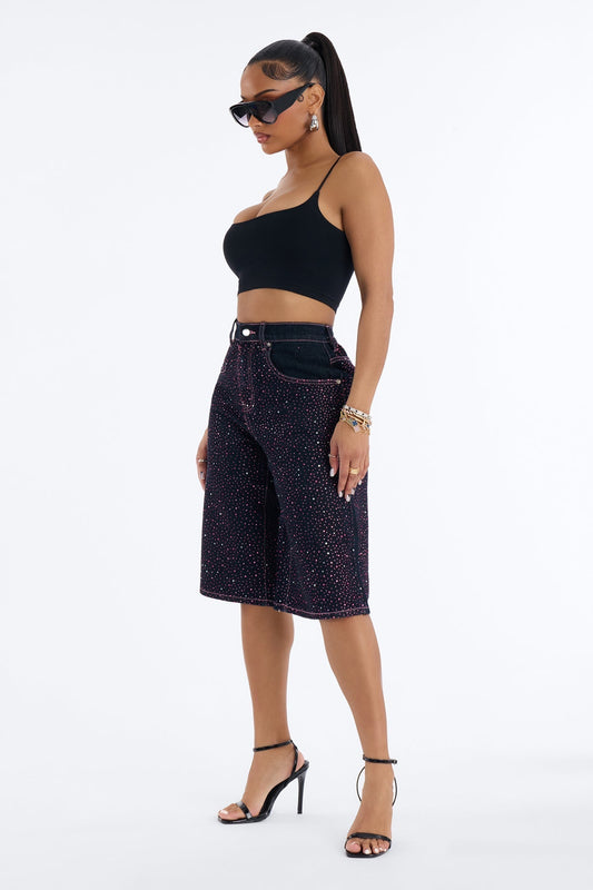 Premium Princess Rhinestone Denim Jorts - Dark Denim