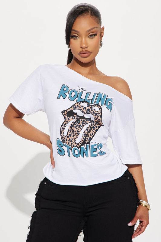 The Rolling Stones Leopard Off Shoulder Top - Cream