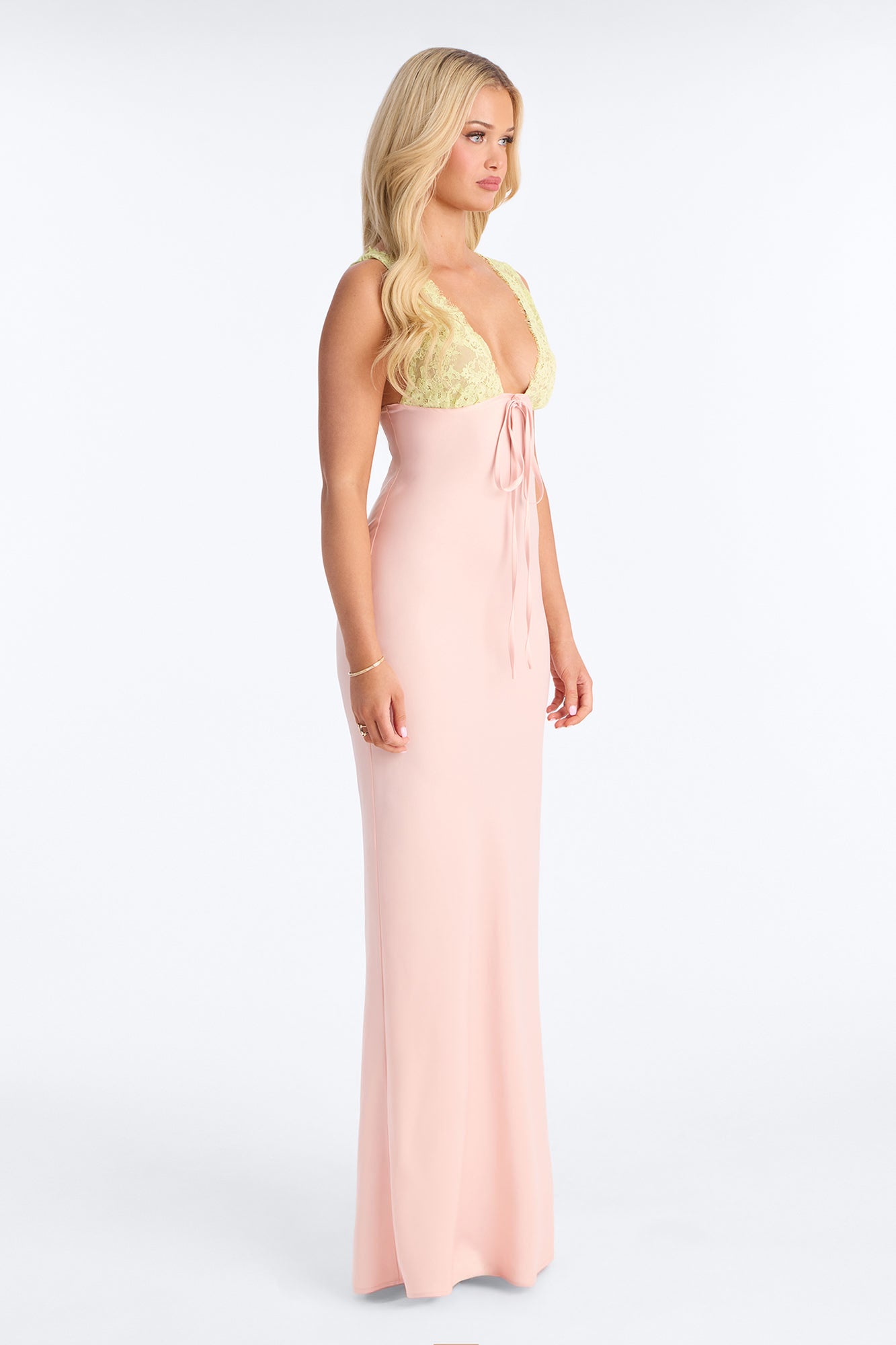 Sweet Satin Lace Trim Maxi Dress - Pink/combo