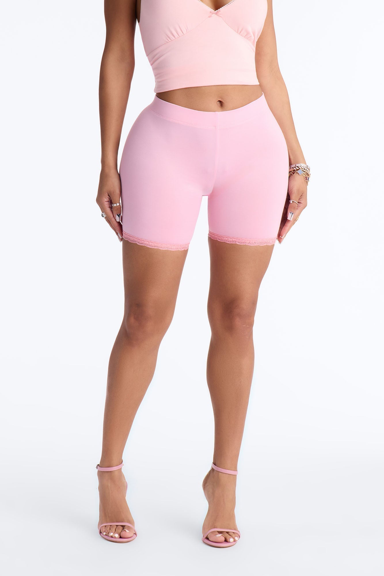 Camille Lace Trim Biker Short - Light Pink