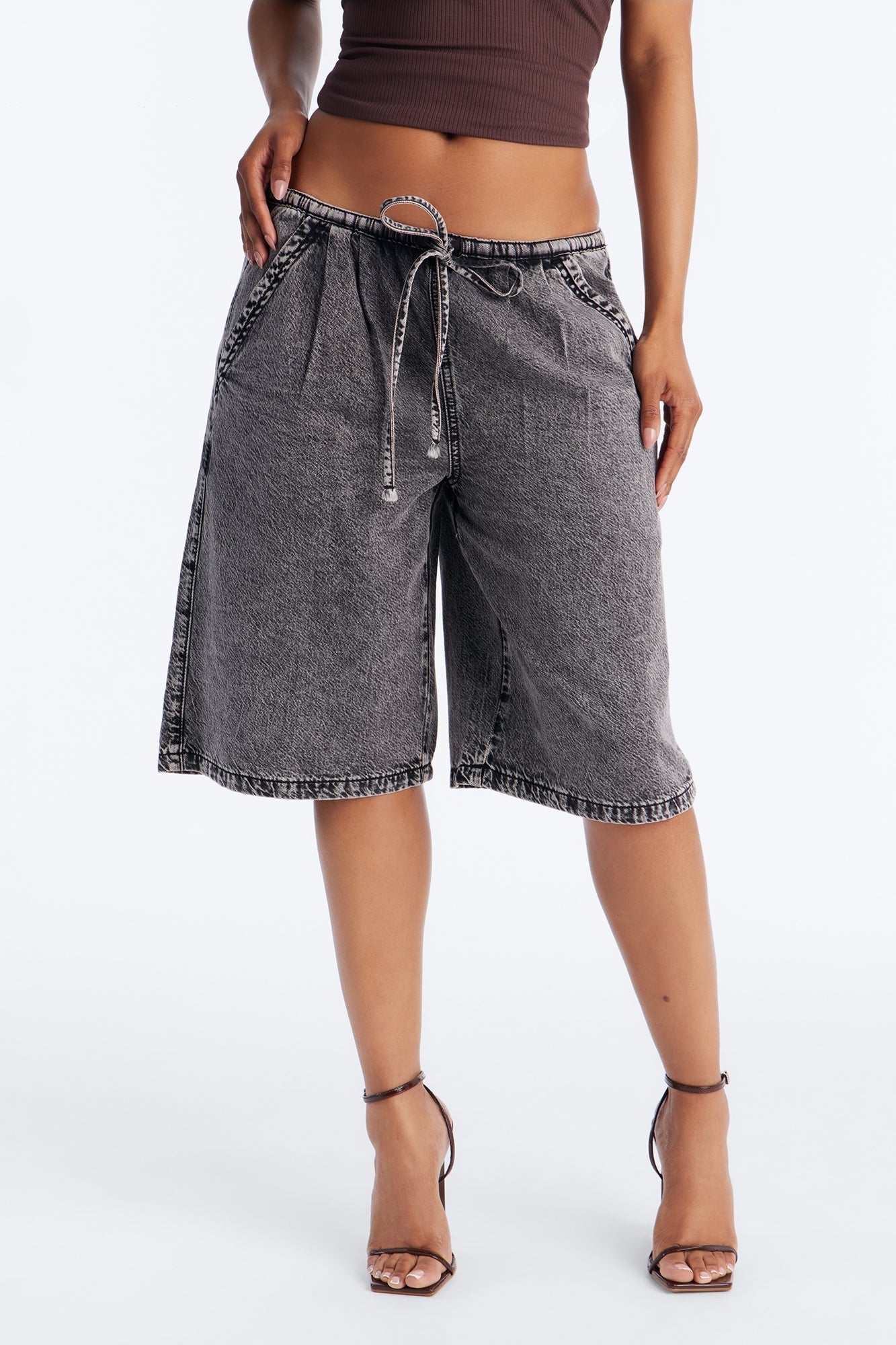 Baeside Tie Waist Denim Jorts - Black Wash