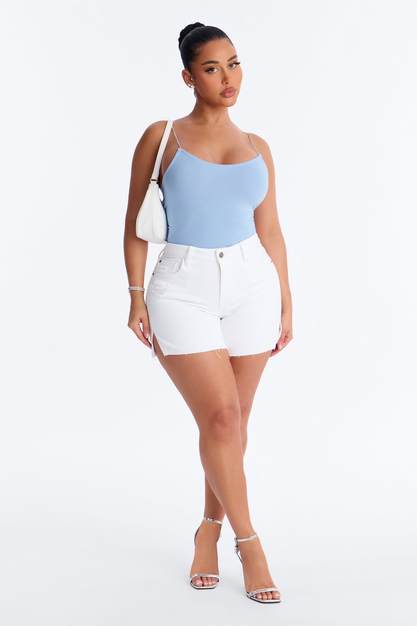 Not The Same Side Slit Stretch Denim Shorts - White