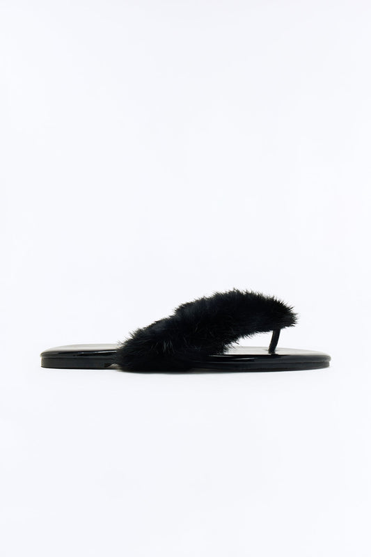 Amory Faux Fur Flip Flops - Black