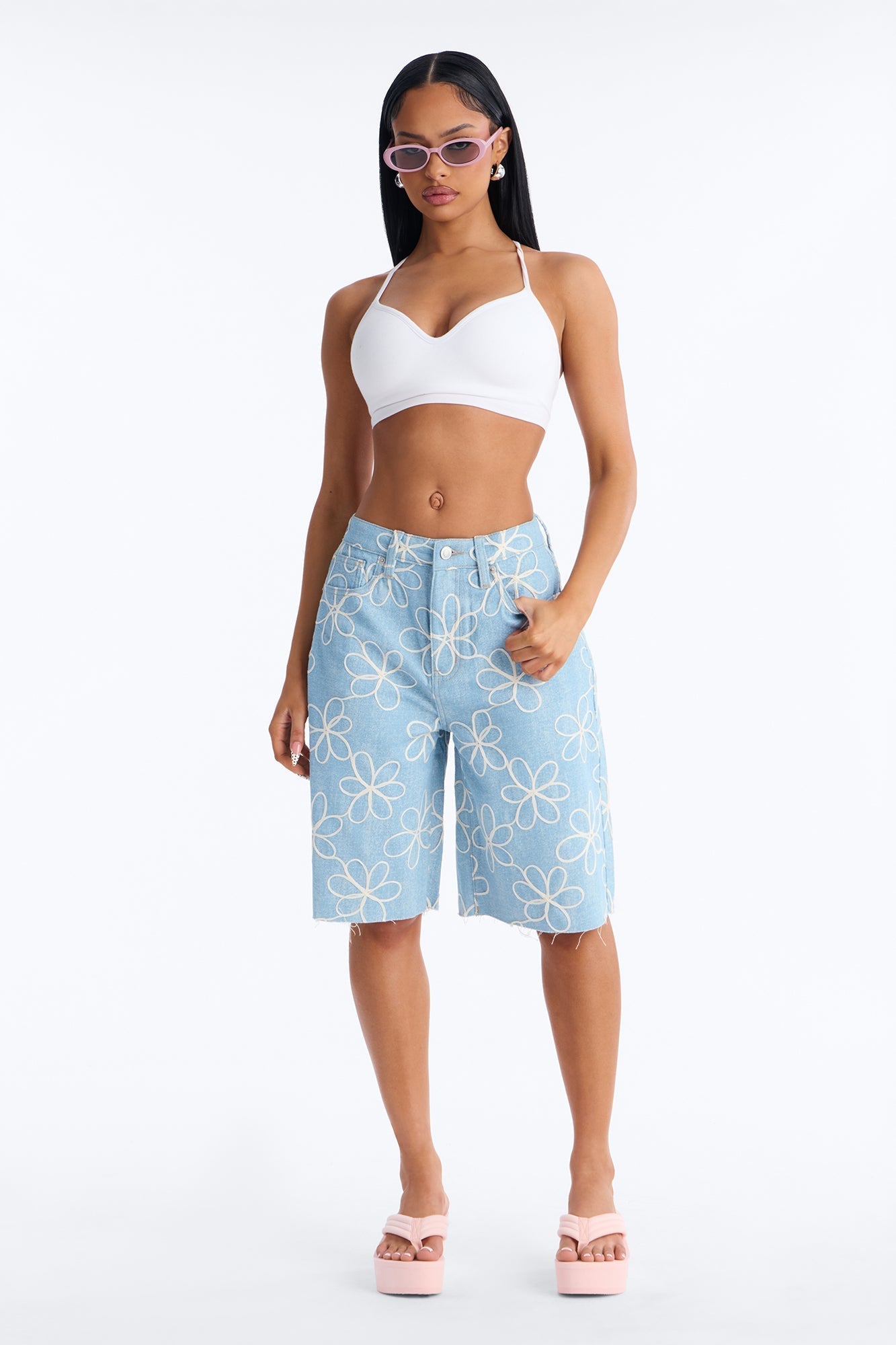 Good Vibes Embroidered Denim Jorts - Light Wash