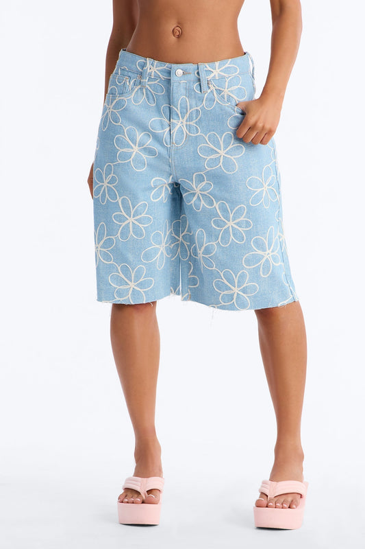 Good Vibes Embroidered Denim Jorts - Light Wash