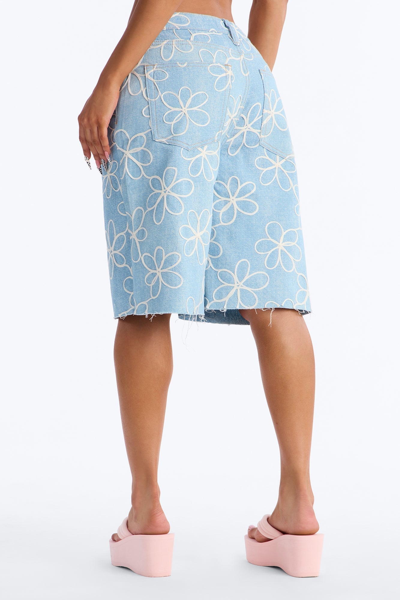 Good Vibes Embroidered Denim Jorts - Light Wash
