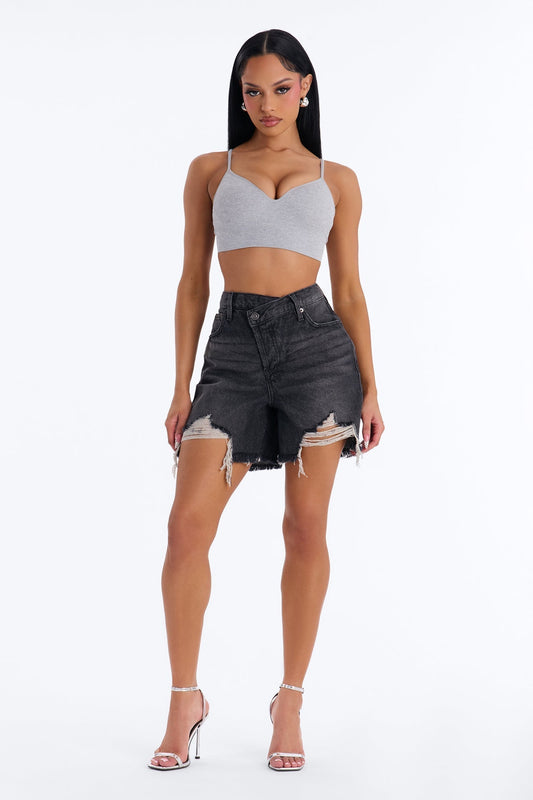 At A Glance Crossover Denim Shorts - Black Wash