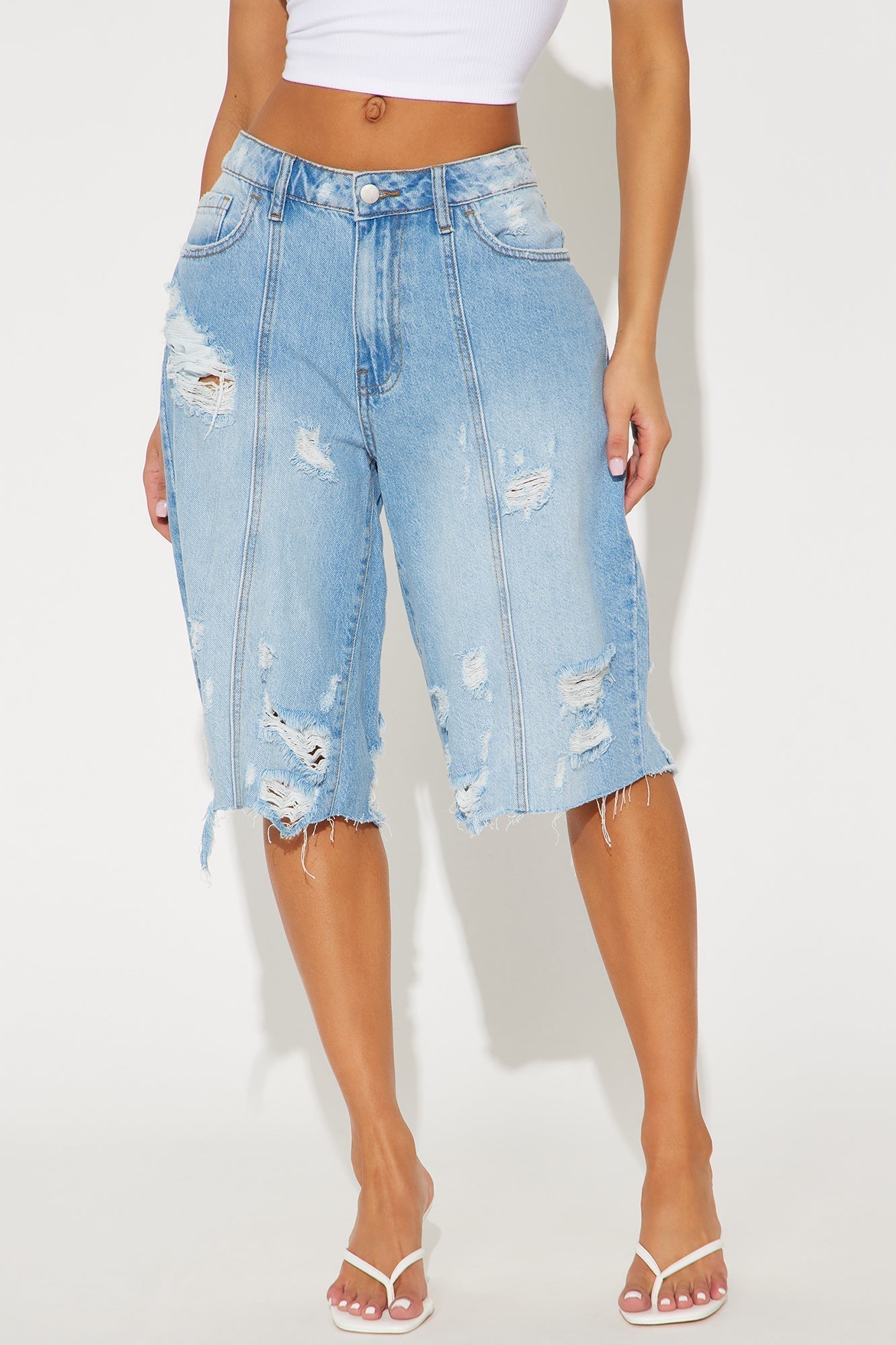 Back In Time Ripped Non Stretch Denim Jorts - Medium Wash