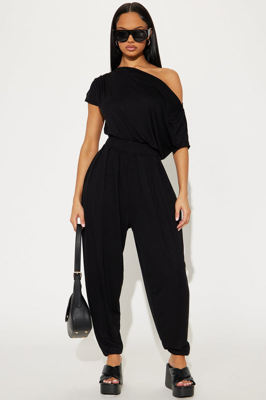 Emmaline Short Sleeve Jogger Jumpsuit - Black