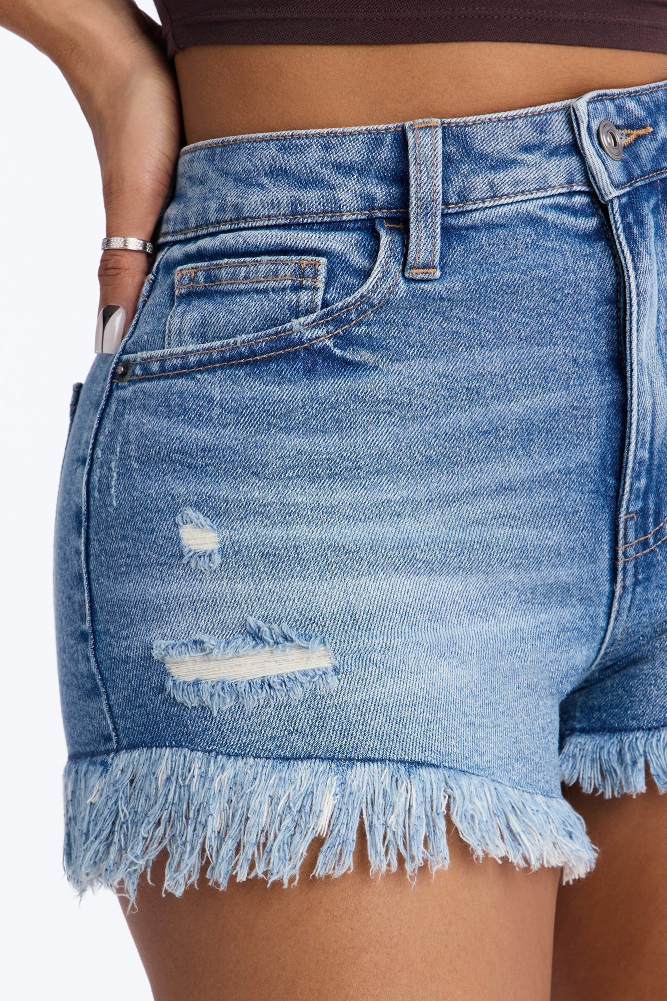 Good Taste Fray Hem Denim Shorts - Dark Wash