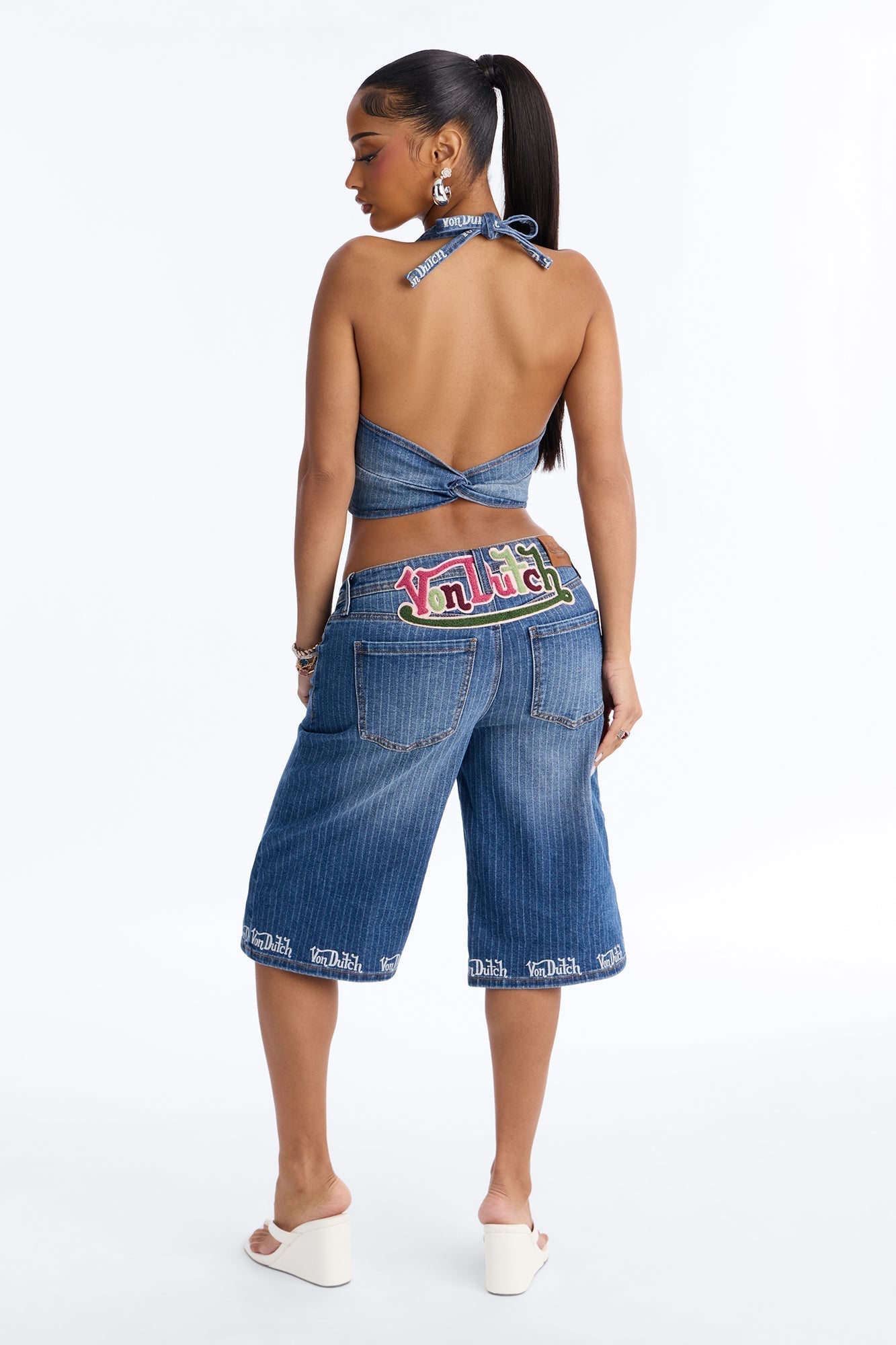 Von Dutch Striped Denim Jorts - Medium Wash