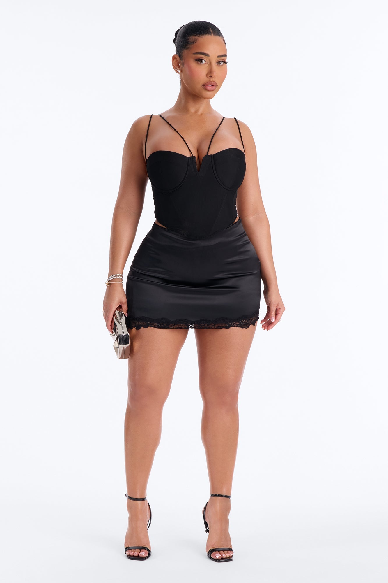 Brielle Satin Lace Trim Mini Skirt - Black