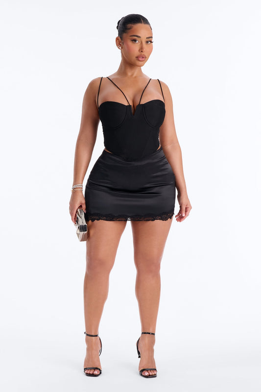 Brielle Satin Lace Trim Mini Skirt - Black